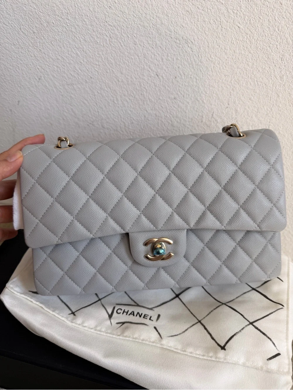CHANEL 21A Light Grey light GHW Caviar Quilted Medium Double Flap with Receipt